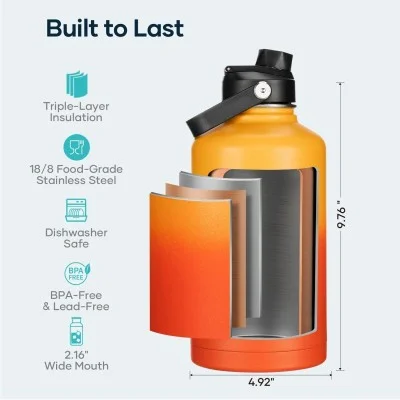 Buzio Duet Series Water Bottle with 2 Lids and Sleeve 1.9L - Yellow Orange